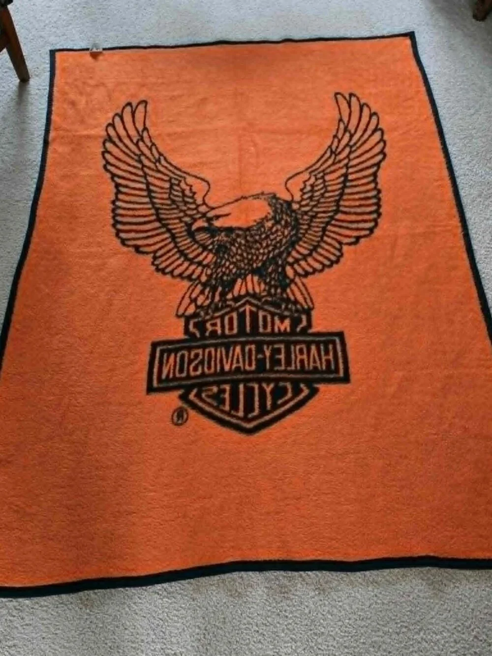 HARLEY DAVIDSON BLANKET BIEDERLACK REVERSIBLE EAGLE BLACK ORANGE 76 X 54 USA